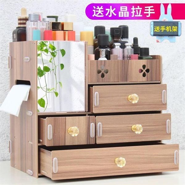 1PCs Große Kapazität Holz Kosmetik Organizer Make-Up Lagerung Box Mit Spiegel DIY Multifunktionale Desktop Schubladen Kosmetik Fall Y2259F