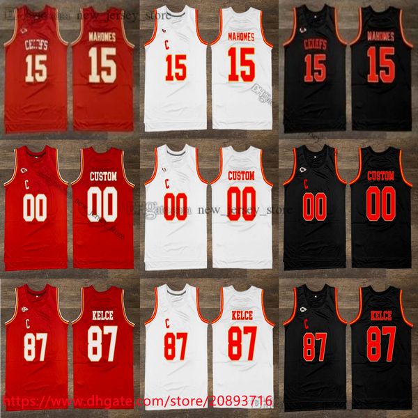 Özel S-6XL Basketbol 15 Patrick Mahomes Jersey Dikişli Kırmızı Beyaz Siyah 10 Isiah Pacheco 87 Travis Kelce Forma Gömlek Erkek Kadın Gençlik Çocuk Erkekler