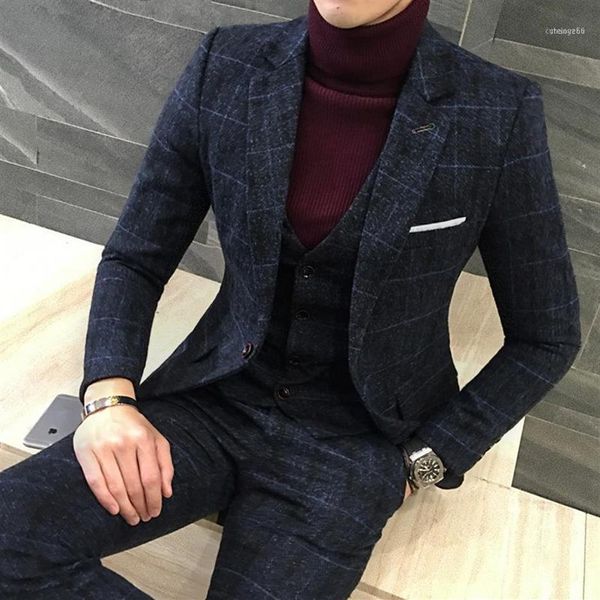 3 Stuk Pakken Mannen Nieuwste Jas Broek Ontwerpen Royal zwart Heren Pak Herfst Winter Dikke Slim Fit Plaid Trouwjurk Tuxedos11247j