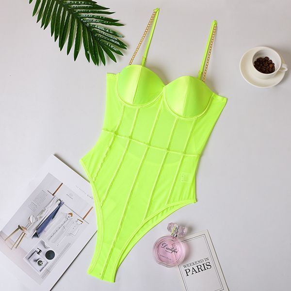 Macacões femininos macacão neon verde malha transparente bodysuit sexy sem costas listrado sem mangas macacão festa moda spaghelti cinta 230914