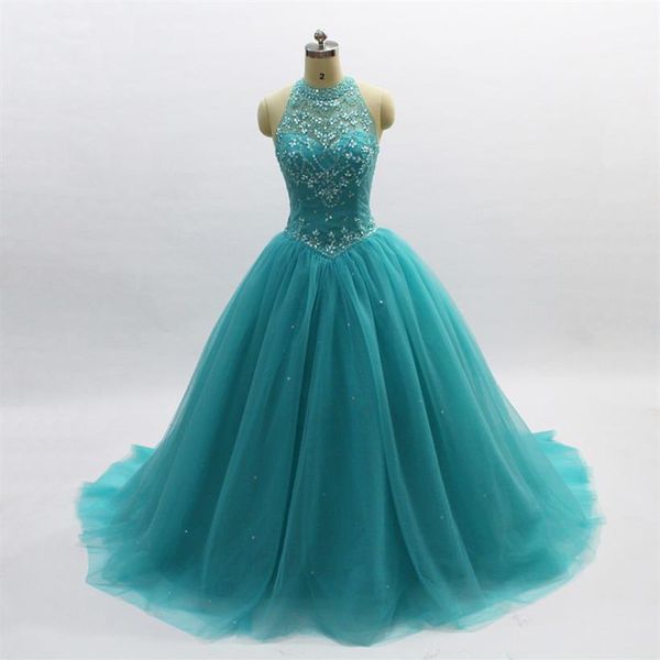 Prinzessin Quinceanera Kleider 2020 Türkis Perlen Kristall Tüll Sweet 16 Kleider 15 Jahre Ballkleid Debütantin Maskerade Kleider Cu280n