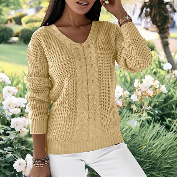 Damenpullover Damen Herbst Und Winter Lange Ärmel Einfarbig V-Ausschnitt Slim Fit Twist Fashion Strickpullover Pullover Top