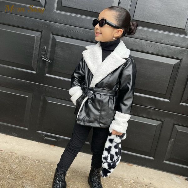 Giacche Moda Neonata Ragazzo PU Giacca in pelle Colletto in pile Inverno Primavera Autunno Capretto Cappotto in pelle Cintura Outwear Abbigliamento bambino 47Y 230915