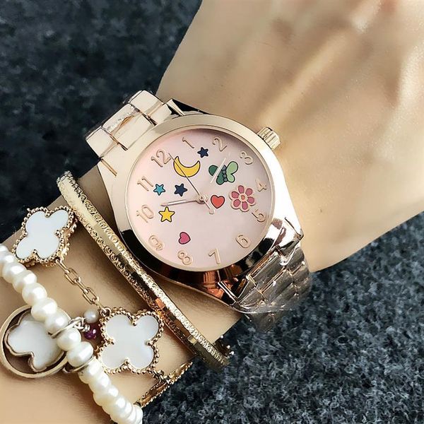 Orologi di marca di moda Orologio da polso al quarzo con cinturino in metallo stile stella farfalla da donna T140279g