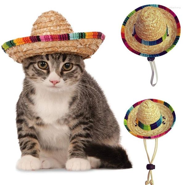 Chapéus de palha feitos à mão para animais de estimação, chapéu de sol com alça de queixo ajustável, acessórios de gato de malha estilo mexicano, fantasia de festa para animais de estimação