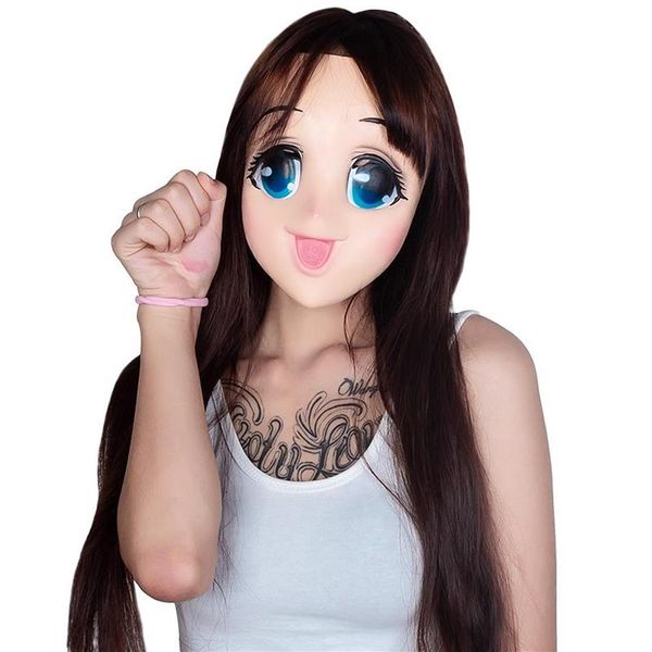 Máscaras de festa lk102big olhos menina meia cabeça látex kigurumi máscara dos desenhos animados cosplay japonês anime papel lolita crossdress silicone doll291d