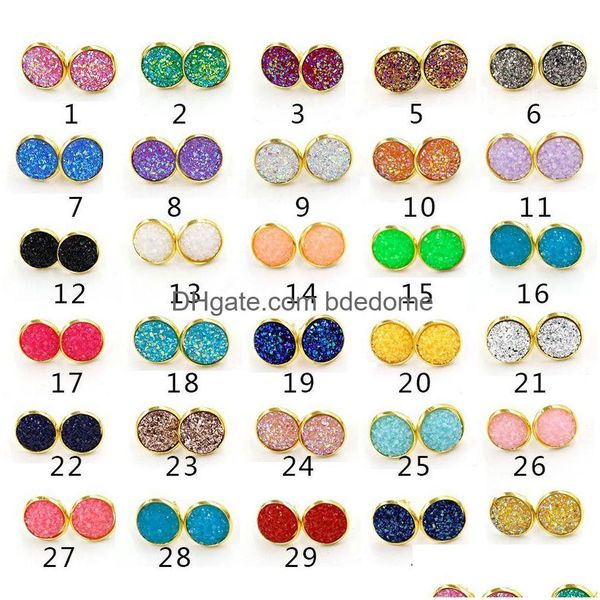 Stud Pendientes hipoalergénicos de acero inoxidable 30 Color 12 mm Druzy Resina Piedra Oro Sier Anillos de oreja para mujeres Joyería de lujo Regalo Drop de Dhnaj