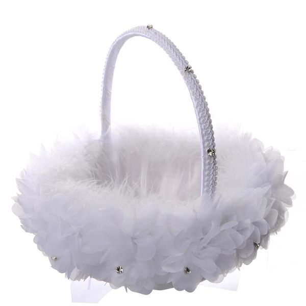 Cesto per ragazza di fiori in piume di struzzo bianco Elegante cesto di fiori di seta rotondo Bomboniere Accessorio per matrimoni306q