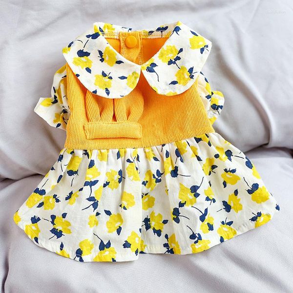 Cão vestuário cães roupas pet vestido amarelo impressão veludo emenda roupas para pequena boneca bonito colarinho moda gatos saias