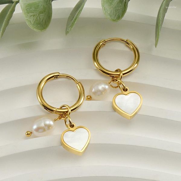 Orecchini pendenti Geometria della moda Anello in titanio con amore in acciaio inossidabile femminile con perle naturali in oro 18 carati