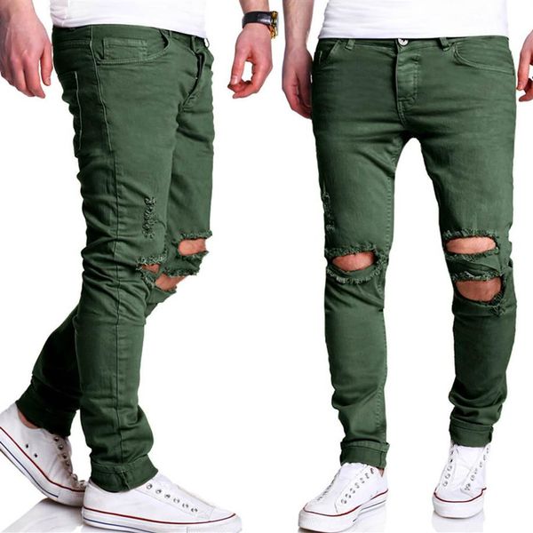 Calças rasgadas inteiras retas masculinas 2017 novo hip hop verde skinny jeans masculino slim fit biker jeans homme calças casuais calças 303x