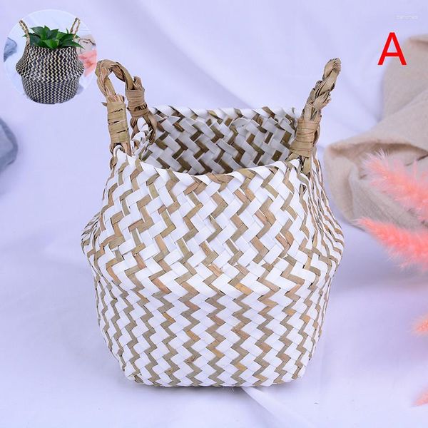 Decorações de jardim 1 pc feito de cana natural dobrável cesta de armazenamento artesanal vime rattan seagrass palha vaso de flores