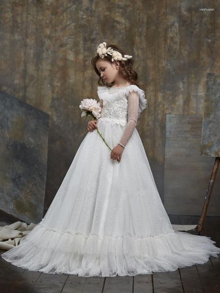 Mädchenkleider Blumenweißes Tüllmuster mit gebänderter Spitze Langarm für Hochzeit Geburtstag Bankett Erstkommunion Kleider