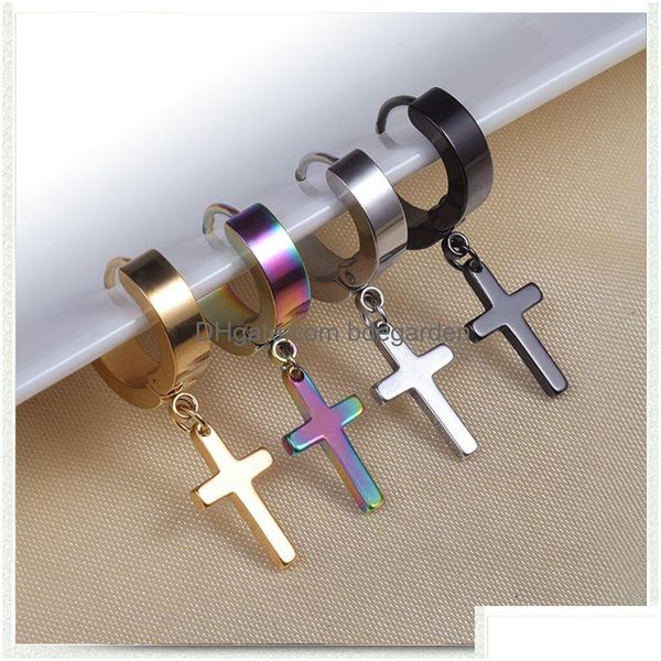 Dangle Chandelier 4 Cor Punk Aço Inoxidável Hipoalergênico Cruz Brincos Homens Falso Piercing Clipe no Brinco de Argola para Mulheres Fas Dhj9e