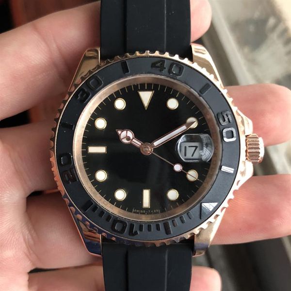 Designer de luxo relógio de borracha Starp Cerâmica Bezel Automático Mechinacal negócios mens relógios 116655 Rose Gold Black Dial Wristwatch2306