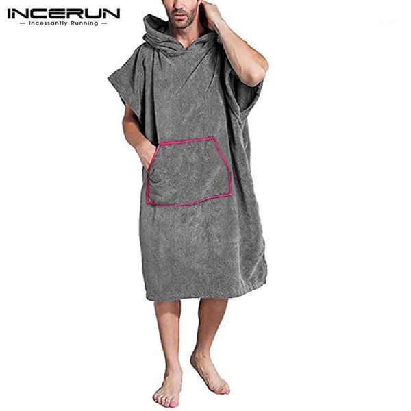 Herren-Nachtwäsche, Herren-Bademäntel mit Kapuze, Taschen, Homewear, lockere Kurzarm-Bademäntel, einfarbige Bademäntel, gemütlicher Strandtuch-Poncho, INCERUN S-1710