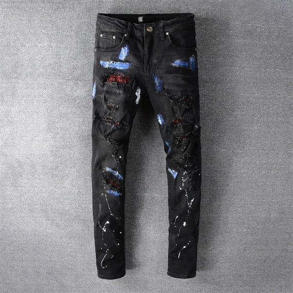 High Street Fashion Marke Schwarz Loch Patch Red Diamond Elastische Dünne Bein Jeans Pantalon Homme Bootcut Jeans Für Männer Hombre273r