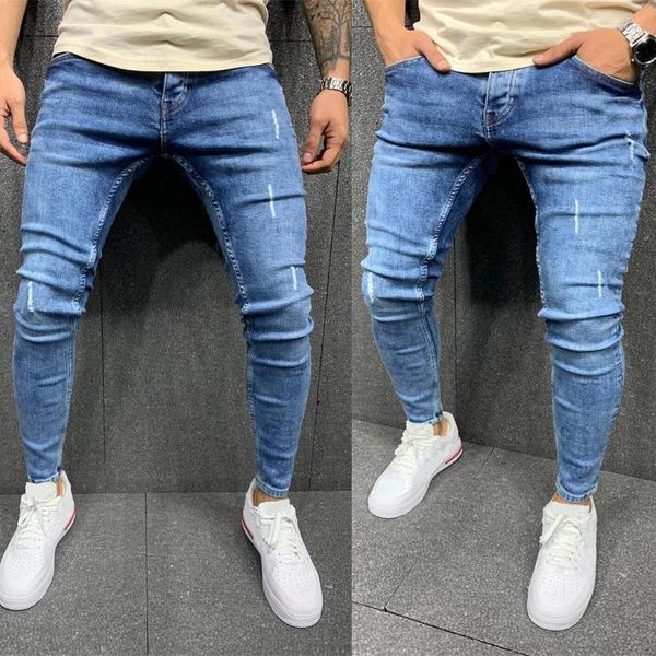 Мужские джинсы, спортивные штаны, сексуальные брюки с дырочками, повседневные осенние мужские рваные узкие эластичные брюки, тонкие байкерские синие брюки-карандаш, S-3XL