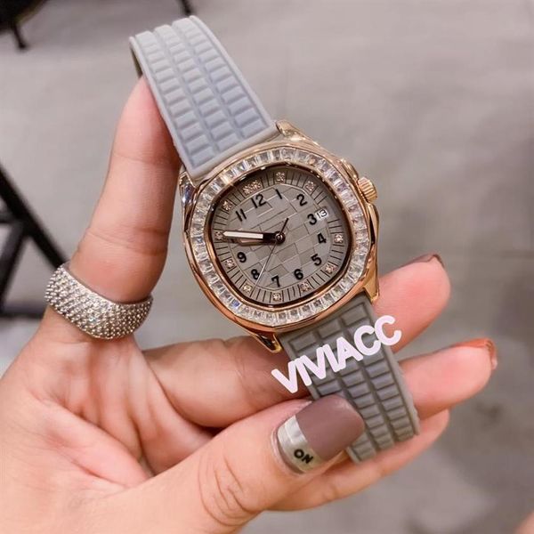 Klasik Kadınlar Kristal Ice Diamond Nautilus Saatler Çok Madele Kauçuk Saat Lady Elbise Mozaik Oyma Kuvars Kuvars İzle 36mm2854