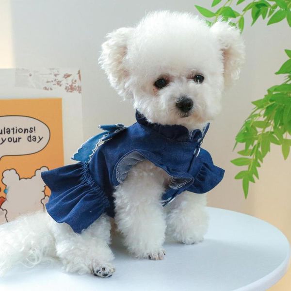Hundebekleidung, stilvolles Haustierkleid mit Knöpfen für einfaches Tragen, bezauberndes Denim-Outfit mit Schleife, Rüschen, kleine Hunde