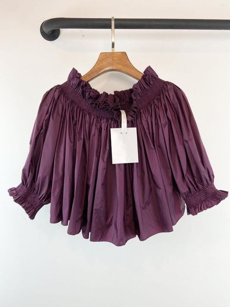 Blusas femininas roxas, casaco de ombro de uma linha, tecido de seda, bainha com franjas, decote, design elástico