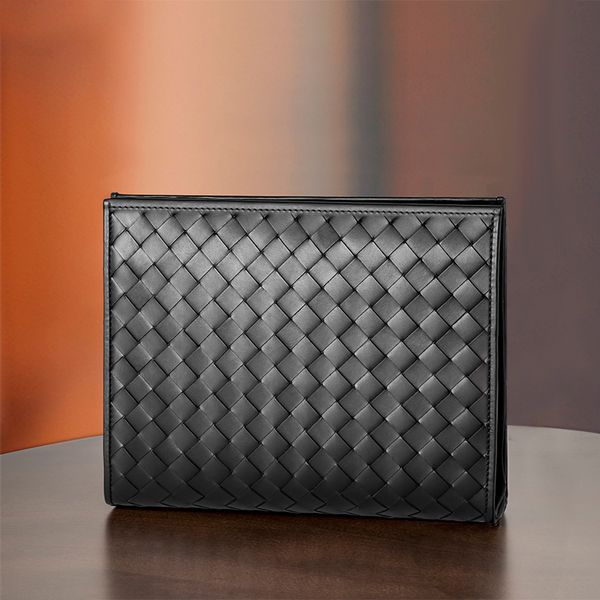 5A Top Authentic Leather Weave Clutch Fashion Luxury Brand Design Bugs Busines Minimalist Style 2023 Новый черный 27 см100% коровьей кожи