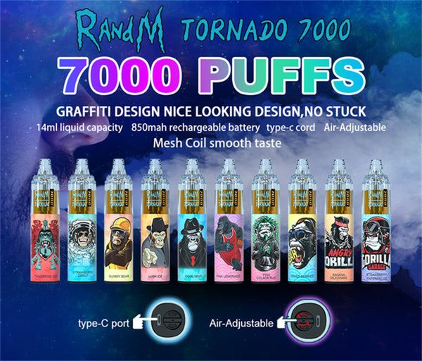 Аутентичная электронная сигарета Randm Tornado 7k, 7000 затяжек, одноразовая, 14 мл, предварительно заполненная, съемная электронная сигарета Cystal, 1000 мАч, аккумулятор, перезаряжаемый, регулируемый поток воздуха 9000 9k 12000