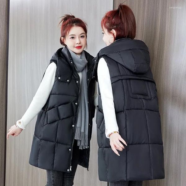 Coletes femininas 2023 mulher longa primavera com capuz para baixo jaquetas feminino outono parkas mulheres inverno senhora quente outerwear colete