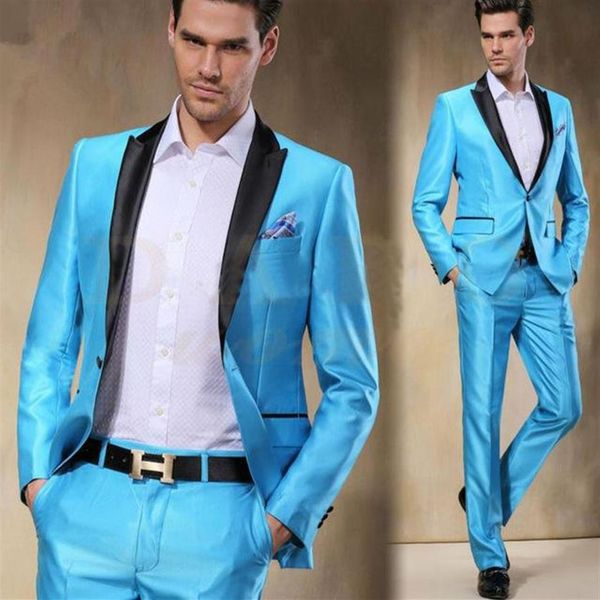 Ternos masculinos blazers 2021 ajuste confortável chegada céu azul cetim noivo smoking fino 2 peças masculino casamento baile jantar festa 2934