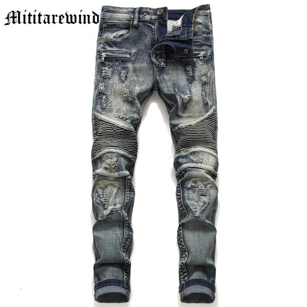 Mens Jeans Vintage Joelho Dobras High Street Slim Retro Azul Y2K Estilo Comprimento Completo Calças Jeans Hip Hop Streetwear Calças de Moda 230914