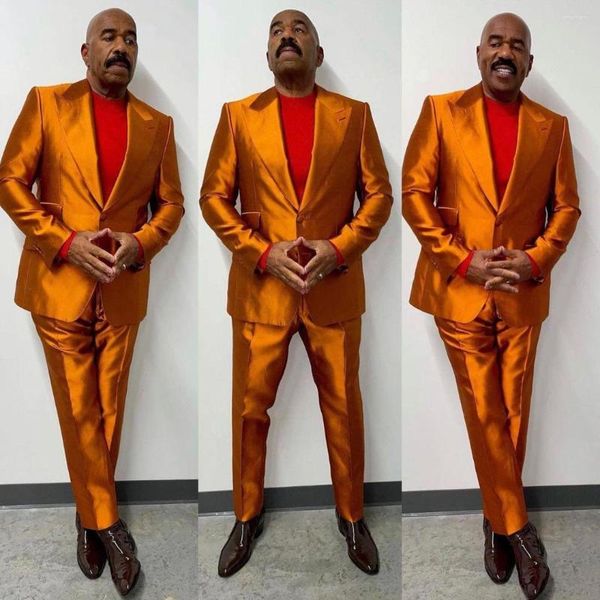 Ternos masculinos completos elegantes, laranja, cetim, terno africano para homens, dois botões, slim fit, 2 peças, smoking moderno, vestidos de festa personalizados