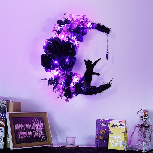 Flores decorativas grinaldas grinalda de halloween com luz led artificial morcego corvo gato lua para porta da frente janela parede decoração de festa em casa 230915