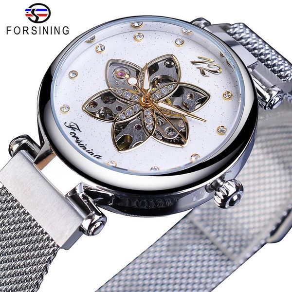 Forsining relógio mecânico feminino, à prova d'água, automático, casual, malha prateada, luminoso, fino, diamante, moda feminina, 282v