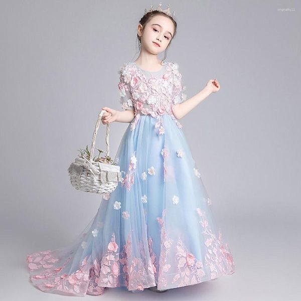 Abiti da ragazza Abiti da spettacolo per bambini Abito da ballo di moda Fiori applicati Tulle Principessa per bambini Ragazze Abito da ballo per festa di nozze 3-12 anni