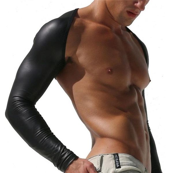 Sexy masculino undershirt de couro falso oco braço mangas encolher masculino falso couro oco braço mangas encolher confortável-encaixe roupa interior2435