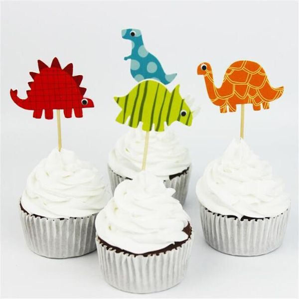 Toppers per torta di dinosauro Cartoon Cupcake Topper Decorazione per torta Inserto per carta Forniture per feste di compleanno con bastoncini 24 pezzi confezione12811