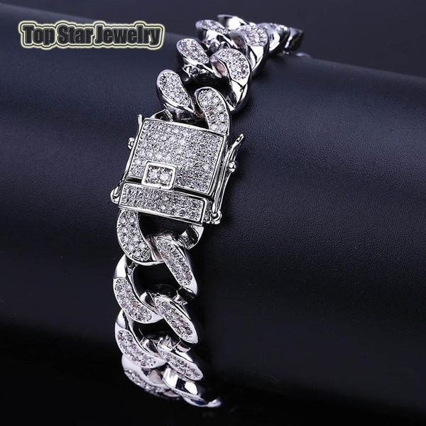 Micro-inserti in rame Diamante bianco MIAMI CUBAN LINK Bracciali Uomo Hip Hop Bling Catene ghiacciate con portagioie2756