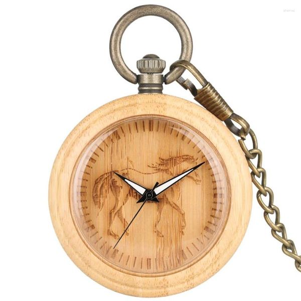 Relógios de bolso gravura cavalo dial bambu madeira relógio quartzo natural pingente relógio vintage bronze pendurado corrente