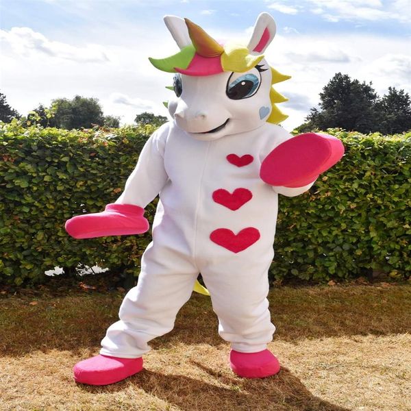 Costume da mascotte unicorno Costume da mascotte animale PONY simpatico cuore stampato Parade Clowns Compleanni per costumi da festa di Halloween per adulti2593
