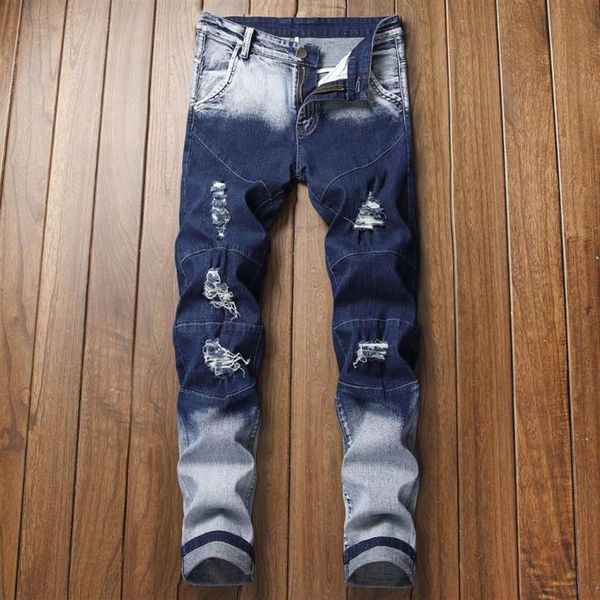 Мужские джинсы Модельер Мужские прямые темно-синие мужские рваные хлопковые мужские брюки с цветным принтом254y