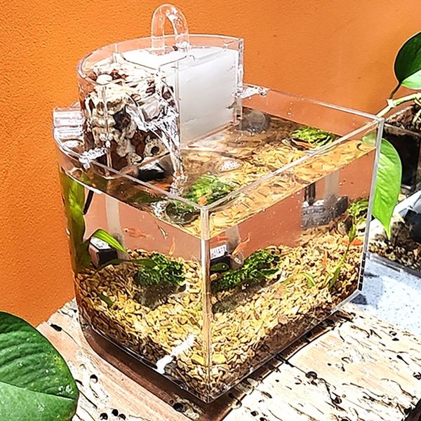 Decorações Mini Acrílico Aquário Transparente Fish Keeper Fishbowl Portátil Desktop Tanque Betta Tropical Bomba Silenciosa Filtro de Algodão 230915