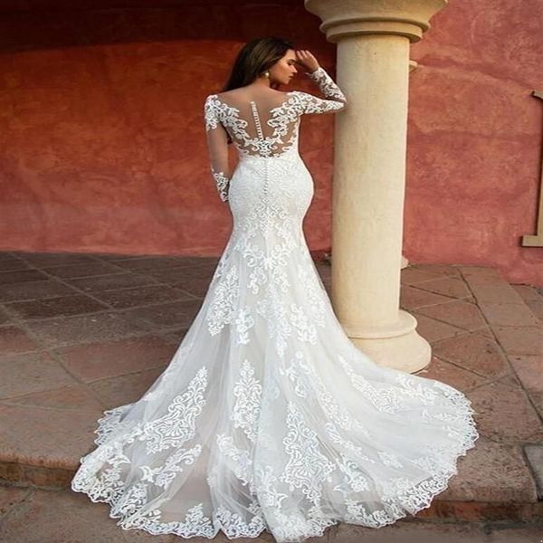 Abiti da sposa moderni a sirena Abiti da sposa con maniche lunghe in pizzo con applicazioni 3D Abiti da sposa con illusione veste de279h