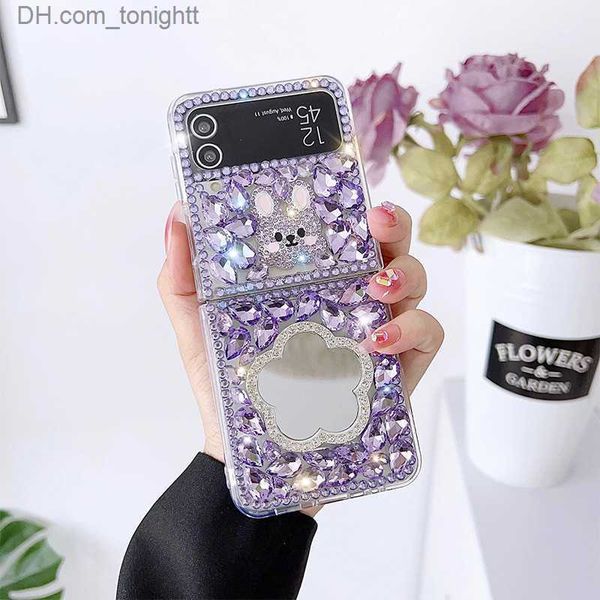 Custodie per cellulari adatte per la custodia del telefono Samsung ZFlip4 in Corea del Sud lussuoso specchio in vetro con fiori di gatto con diamanti pieni in coniglietto di vento Q230915