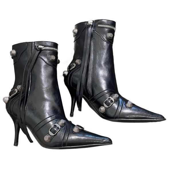 Stiefel, klassische Damen-High-Heels, echtes Leder, Designer-Schuhe, spitzer Zehenbereich, Party-Schuhe, Metallkette, modische Stiefel, Stiletto-Absatz, Stiefeletten, seitlicher Reißverschluss, einfarbig, Schwarz