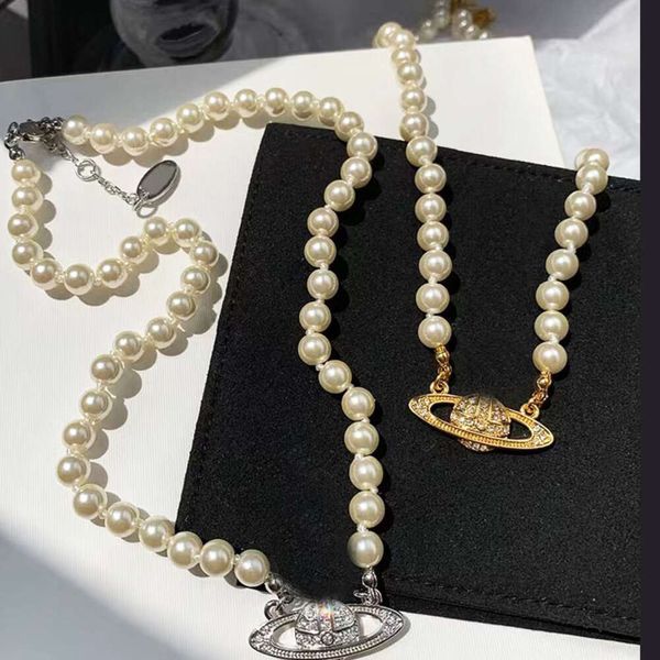Swarovski Halsketten Anhänger Gold Silber Anhänger Saturn Halskette weiße Perlendesigner Schmuck für Frau Luxus Halskette Mode ein Row Perlen Geschenk für Frauen
