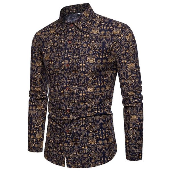 Heflashor 2018 nova impressão do vintage camisas masculinas clássico moda floral impresso roupas masculinas primavera estilo retro blusa tamanho grande 5xl221b