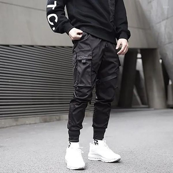 Männer Jeans 2023 Hop Hosen Männer Bänder Farbblock Schwarz Tasche Cargo Hosen Harem Jogger Harajuku Sweatpant