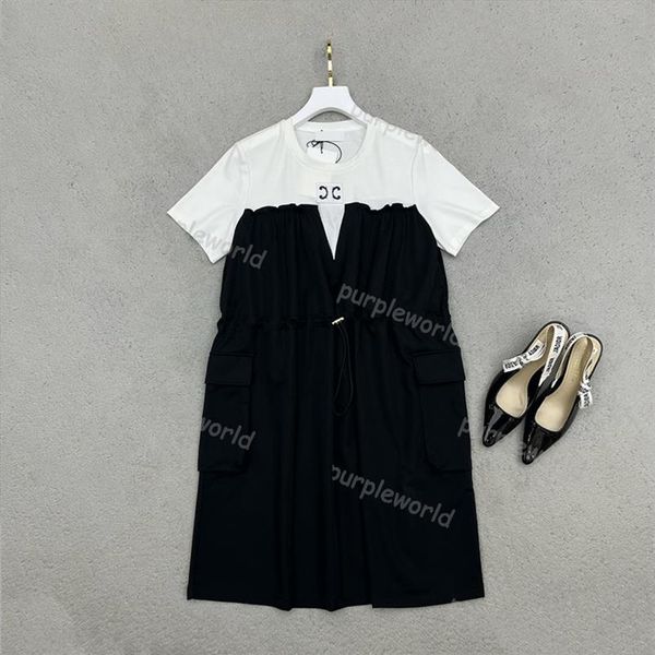 Vestido casual feminino clássico preto branco contraste vestido moda cordão elástico na cintura verão manga curta Clothing295h