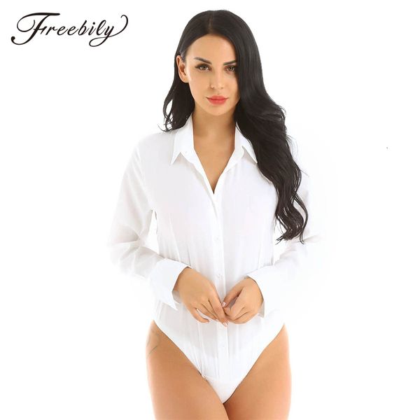 Macacões femininos macacão escritório senhora trabalho branco bodysuit mulher manga longa ol camisa roupas turn down colarinho tops corpo blusa terno 230914