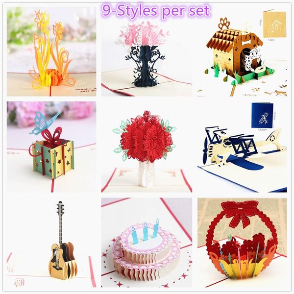 Confezione da 9 forniture per feste di compleanno inviti di compleanno tagliati al laser biglietti di auguri 3D biglietti pop-up biglietti di auguri di matrimonio ca188o